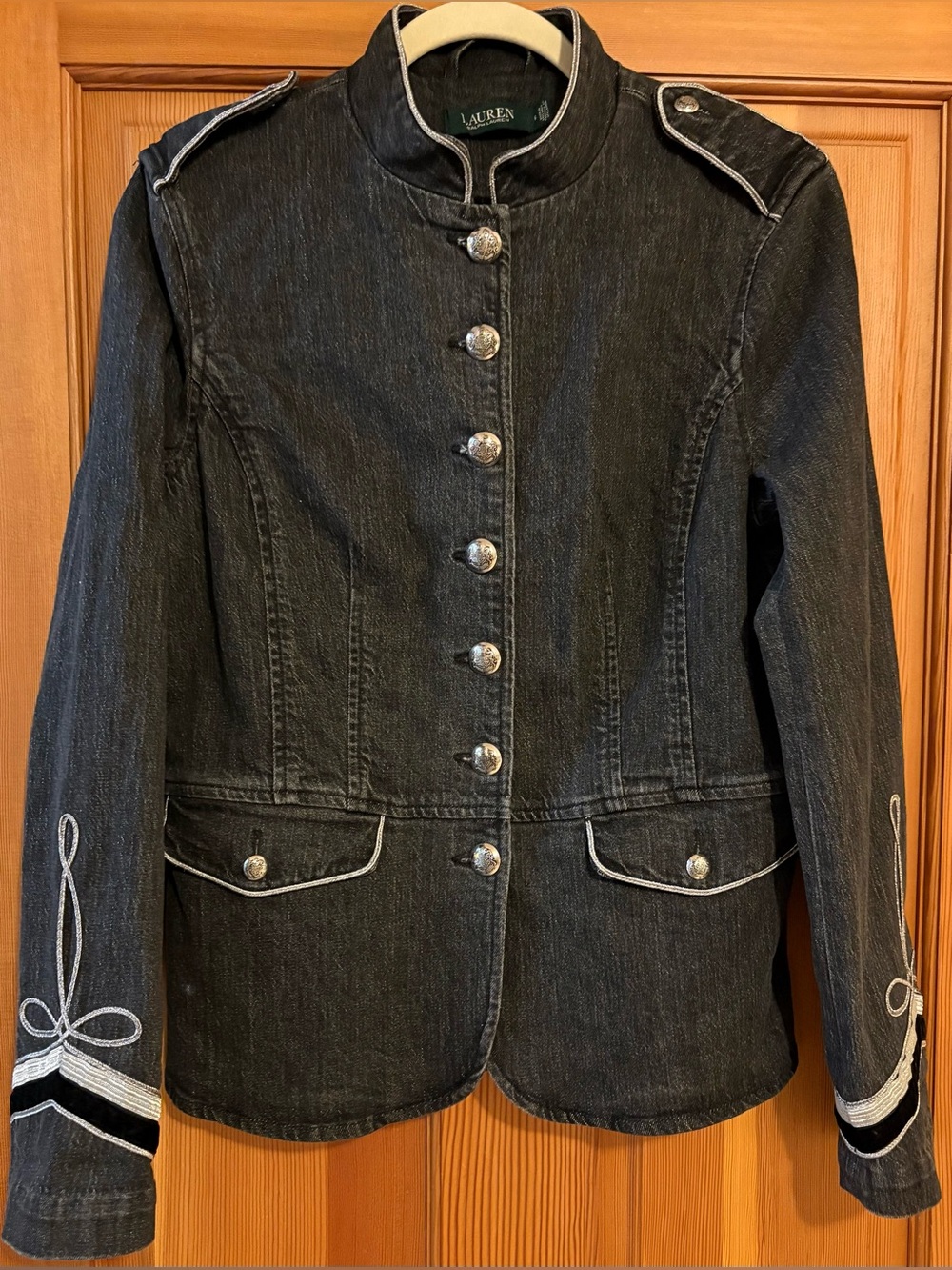 Ralph Lauren Military-Style Jacket - Black Wash Denim w Ornate Soutache Trim (6) - Picture 12 of 14